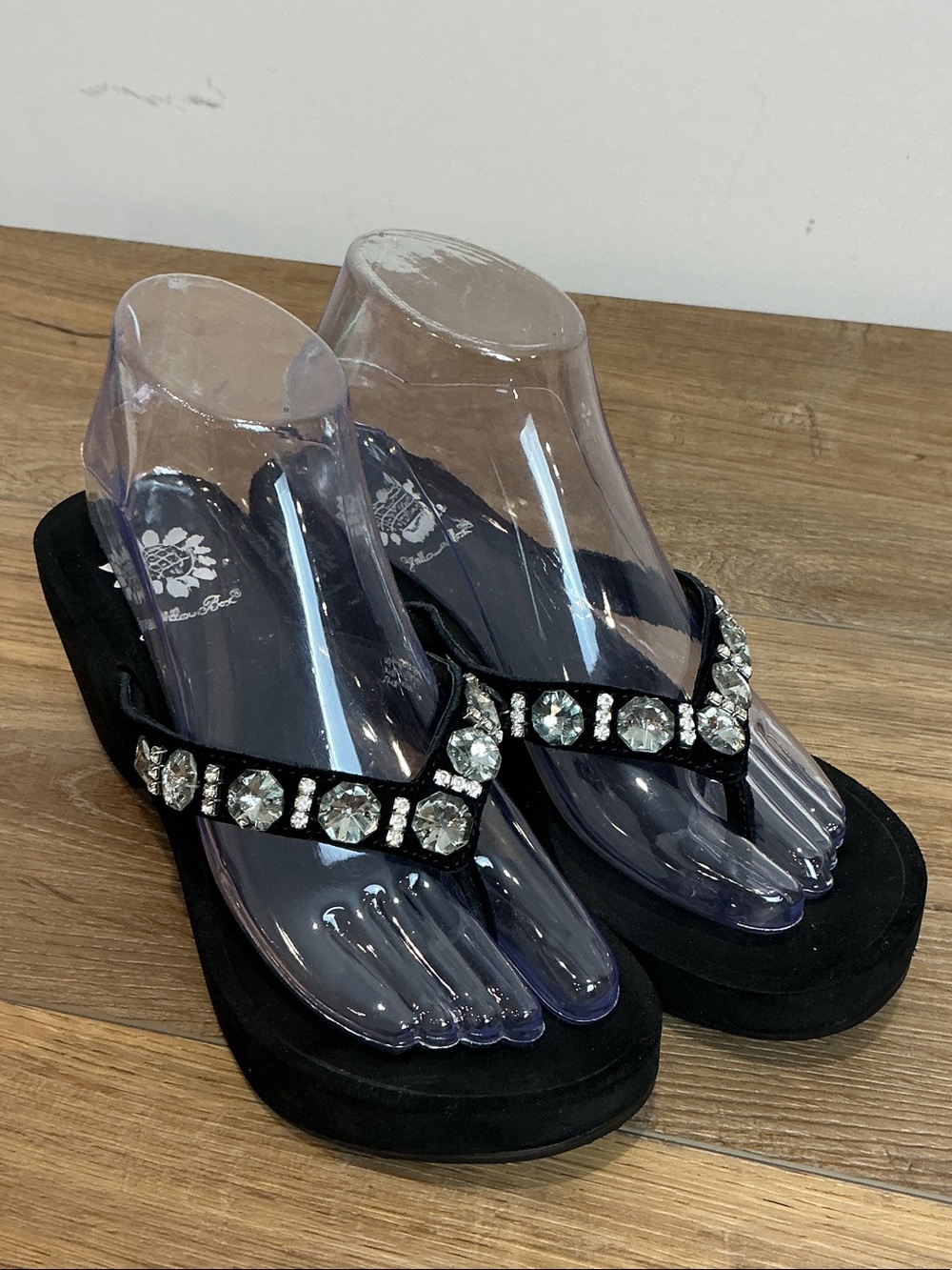 Yellow Box Glamour Black Jeweled Wedge Sandals, size 7